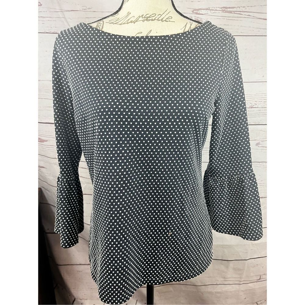 Talbots Womens Black White Polka Dot Boat Neck 3/4 Bell Sleeve Knit Top Small
